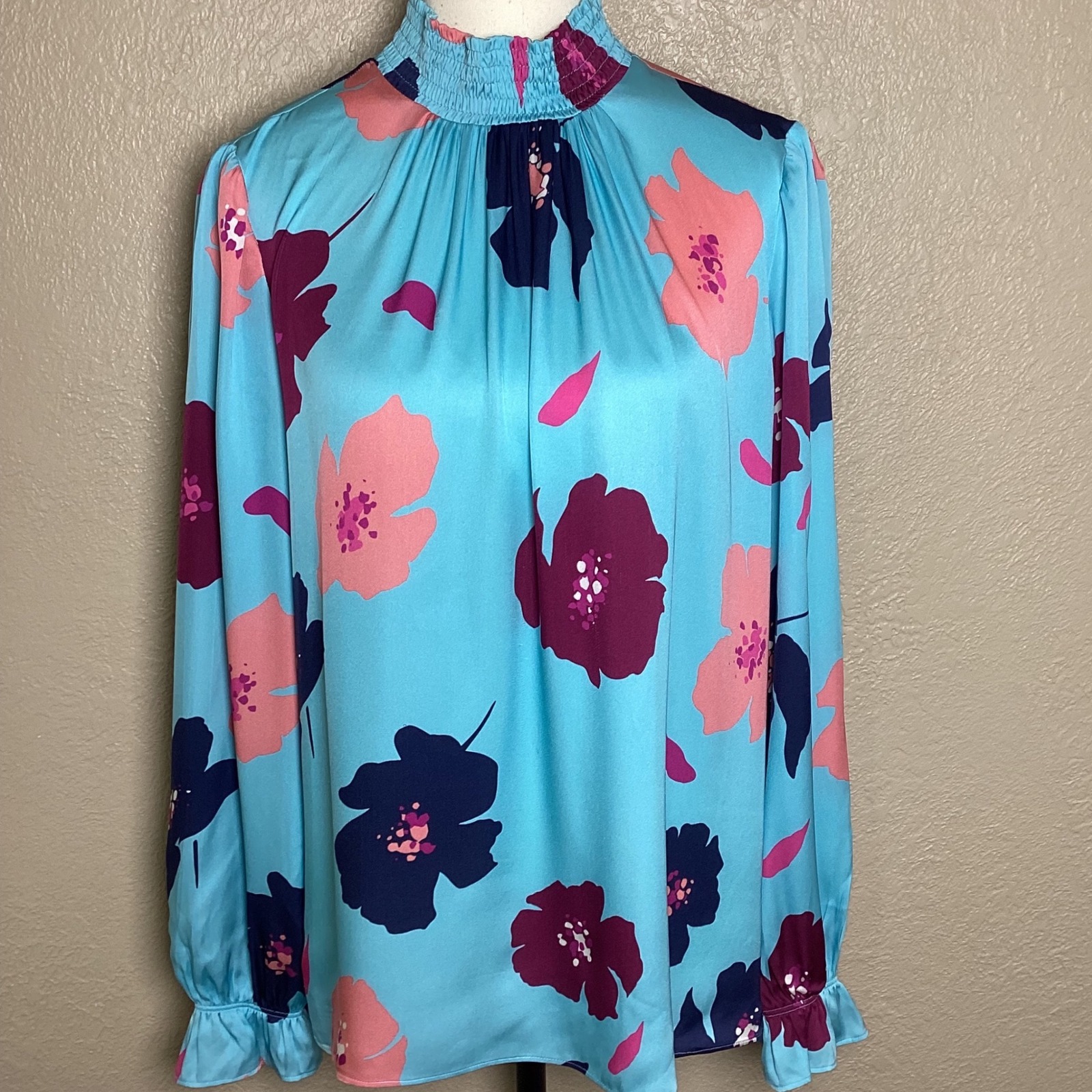 Tucker Silk Floral Blouse Womens Small Turquoise Smocked Mock Neck Ruffle Cuff